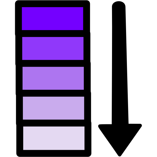 an image with black line art shows a rectangle broken up vertically into 5 segments. The first is a saturated purple, and the following segments get progressively lighter and duller. To the left of the rectangle is an arrow that widens slightly as it travels down.